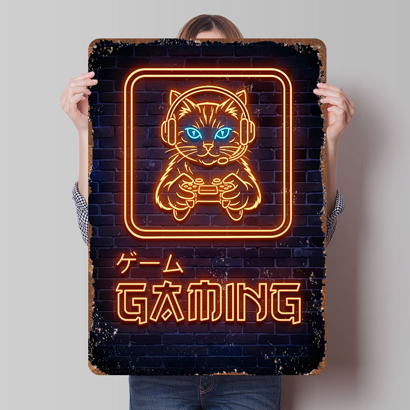 Retro Gaming At - Pôster de Gato Gamer Neon Personalizado,